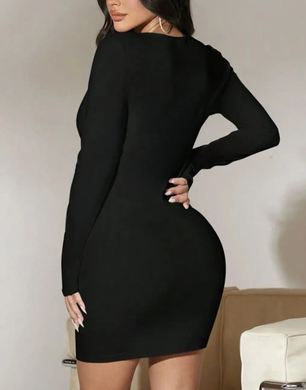 BXOXO Big Round Neck Slim Autumn and Winter Korean Version of Long Sleeve Dress Retro Bag Hip Skirt Female Temperament a Word Dress