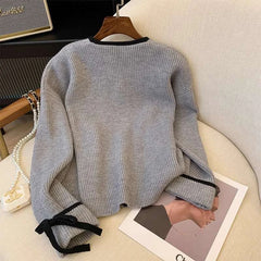 Bxoxo Autumn V Neck Knit Cardigan for Women Fashion Striped Patchwork Lace Up Casual Sweater Korean Preppy All Match Buttons Jumpers