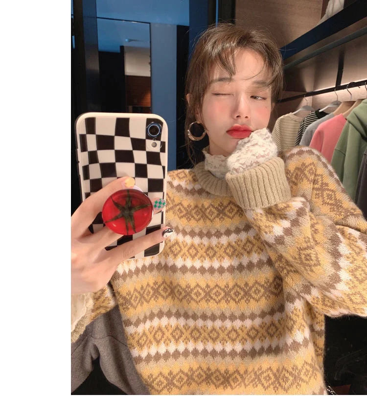 Bxoxo Winter Knitwear Pullover Sweaters For Women Top Blue Vintage Long Loose Autres Sweats Warm Korea Fashion Kawaii Jersey Jumper