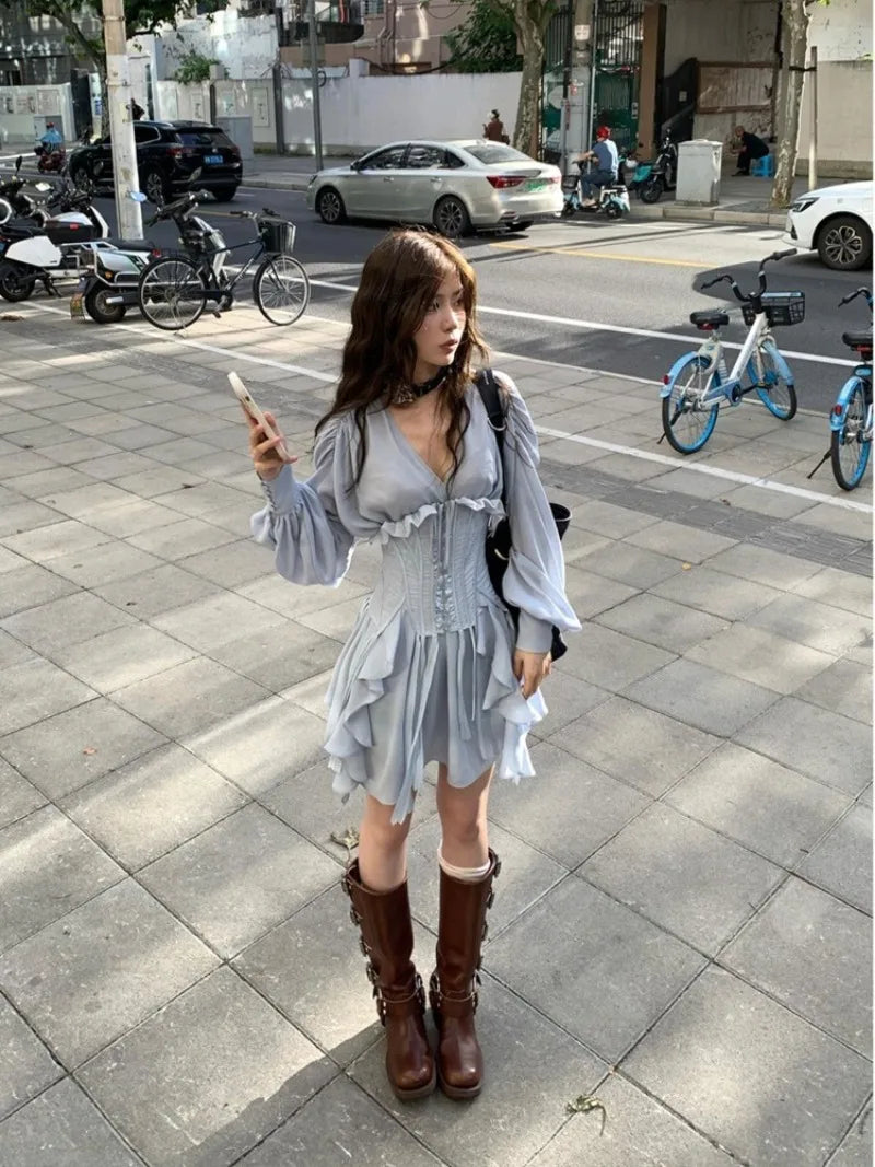 BXOXO Sweet Blue Mesh Slim Waist Cummerbund+ Y2k Grunge V-neck Long Sleeve A-line Dress for Women 2025 Spring New Two Piece Sets