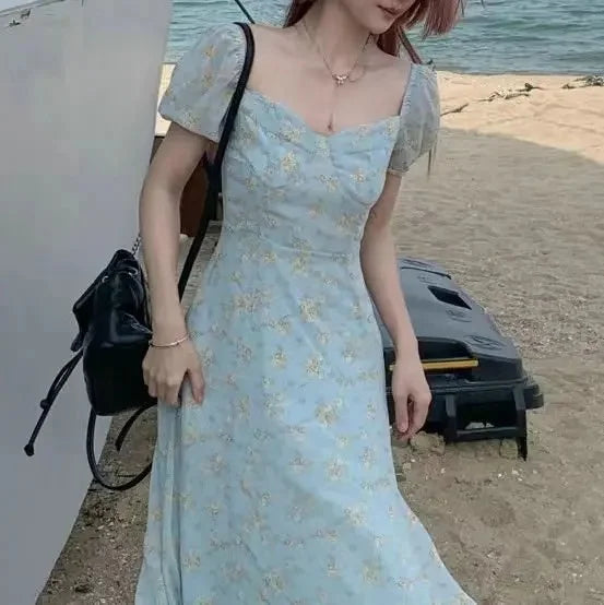 Bxoxo Blue Floral Print Summer Dress Women's High Slit Bubble Sleeve Long Dress Sweet Initial Feeling French Style Tea Break Dress