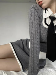 BXOXO Fashion Knitted Suit Woman Y2k Crop Tops Sweater + Casual Shirt Slim Bodycon Mini Skirt Korean 3 Piece Set 2025 Autumn