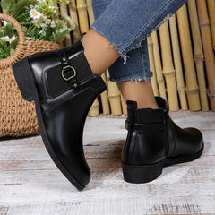 BXOXO Pu Leather Classics Black Thick Heel Ankle Boots Metal Zipper Low Platform Woman Shoes Winter Round Toe Slip On Short Boots