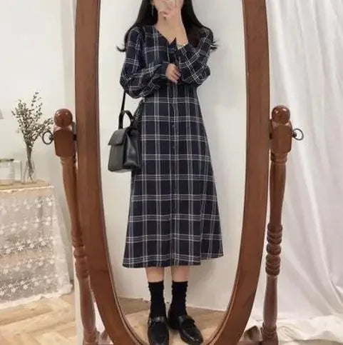 Bxoxo Vintage Plaid Dresses for Women Autumn Winter Full Spring 2025 Elegant Luxury Korean Fashion A Line G X Woman Long Sleeve Dress
