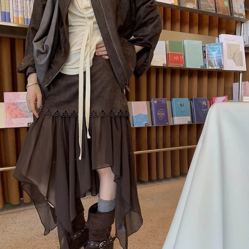 Bxoxo Vintage Brown Mesh Skirts Women Asymmetrical Harajuku Y2k Mid Skirt Japanese Style Streetwear Long Skirts Aesthetics
