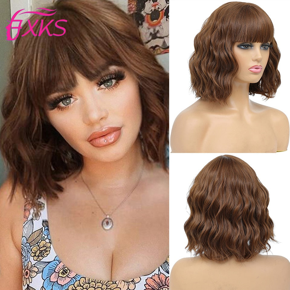 BXOXO Blonde Gold Short Wavy Synthetic Wigs With Bangs Brown Grey Silver Black Color Body Wave Hair Wigs 14Inch 200G For Women FXKS