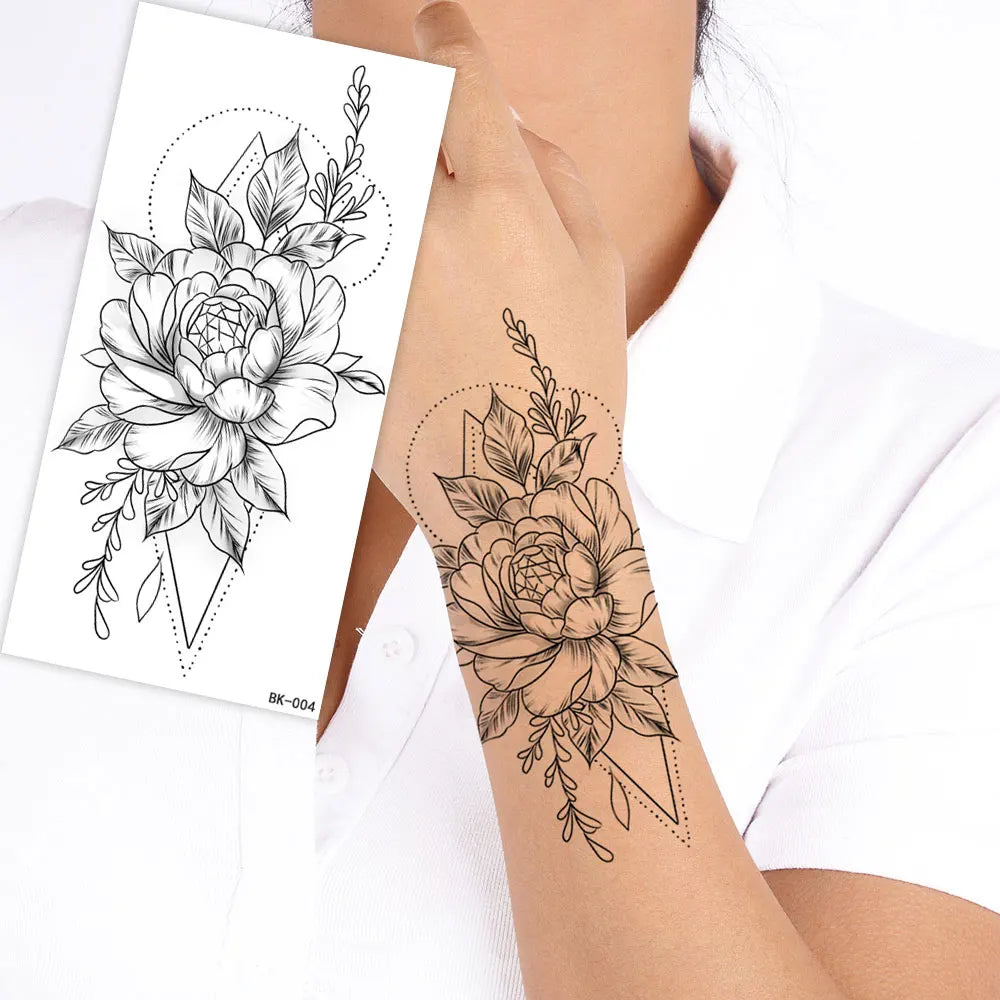 BXOXO 1/4pcs Black Flower Temporary Tattoos for Women Men Waterproof Realistic Floral Tattoo Stickers for Hand Arm Body Fake Tattoo