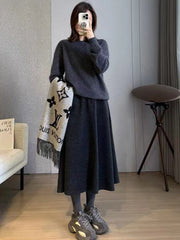 Bxoxo Winter Fuax Woolen Coat for Women Y2K High Waist Loose Warm Casual Midi Skirts Korean Elegant Office Lady Blended A Line Skirts