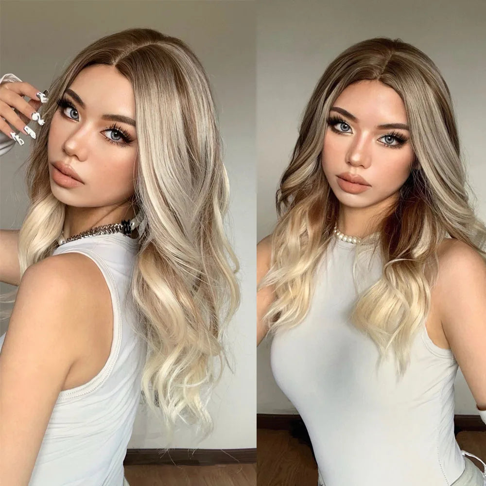 BXOXO Long Wavy Blonde Synthetic Wigs Platinum Daily Natural Hair Wigs With Bangs Cosplay Wig for Women Heat Resistant