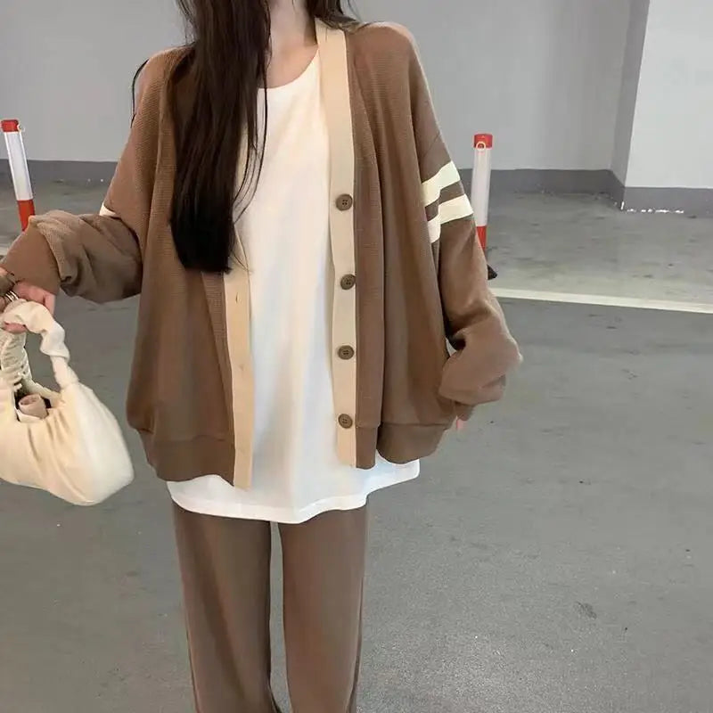 Bxoxo Varsity Cardigan Sweater for Women Long Sleeve V-Neck Button-up Knit Slouchy Cardi Korean School-girl Preppy Fall Winter Outfit