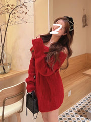 Bxoxo Autumn Design Sexy White Knitted Sweater Women Long Sleeve Pure Color Korean Fashion Y2k Clothing Elegant Pullover Female