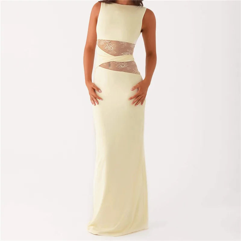 BXOXO Women Bodycon Maxi Dress Sexy Lace Patchwork Sleeveless Backless Long Pencil Dress Y2K Slim Fit Cocktail Party Dresses