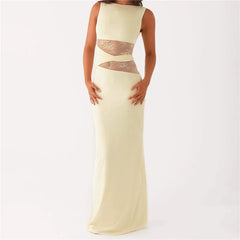 BXOXO Women Bodycon Maxi Dress Sexy Lace Patchwork Sleeveless Backless Long Pencil Dress Y2K Slim Fit Cocktail Party Dresses