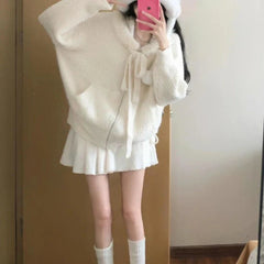 BXOXO Kawaii Sweet Knitted Cardigan Women Elegant Zip Up Hooded Cardigan Cute Japanese Style Solid Autumn Winter Sweater Coat