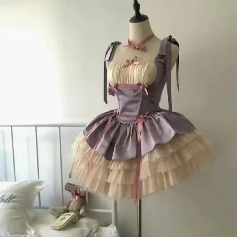 Bxoxo Victorian Sweet Lolita Dress Women Kawaii Bowknot Print Ruffles Party Mini Dresses Japanese Vintage Elegant Mesh Princess Dress