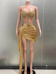 BXOXO Gold Color Women Sexy 2 Pieces Strapless Bodycon Mini Dress Bar Singer Nightclub Party Celebrate Birthday Dress Wholesale