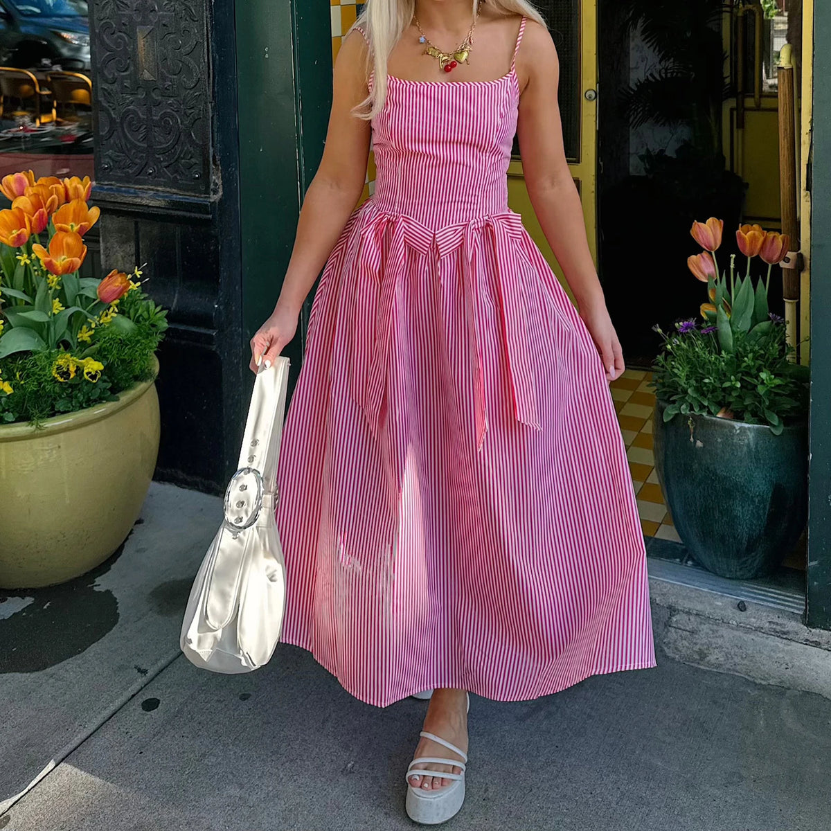 BXOXO Casual Bow Striped Maxi Dress Summer Cami Dress Flowy Beach Swing Sleeveless Spaghetti Strap Vacation Sundress for Women