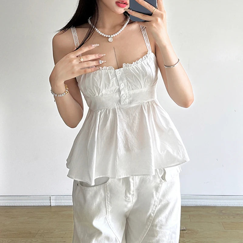 BXOXO Holiday White Button Stitching Camis Cute Coquette Loose Sleeveless Crop Tops Women y2k Aesthetic Vest Summer Casual Tees