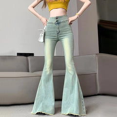 Bxoxo Y2K Vintage Raw Edge Flare Jeans Women Korean High Waist Slim Denim Pants Solid Hip Hop Streetwear All Match Wide Leg Trousers