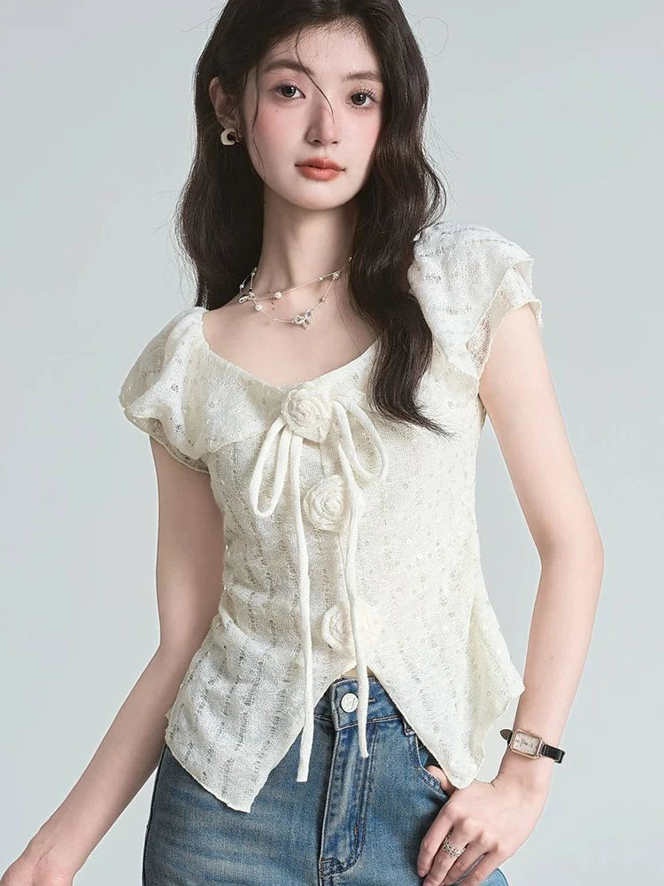 BXOXO 3D Floral Ruffles Sweet T Shirt Women Slim Sexy Cropped Short Sleeve Chic Tees Tops Korean Fashion Elegant Female T Shirts