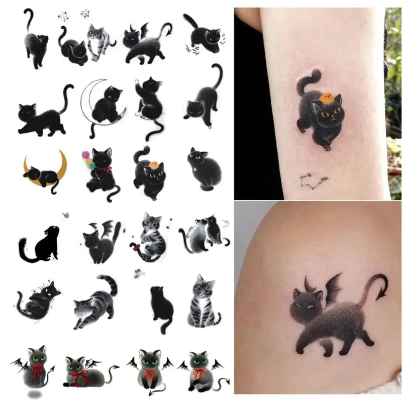 BXOXO Black Cat Flower Temporary Tattoos for Women Man Arm Cartoon Kitten Waterproof Tattoo Stickers Art Lasting Cute Fake Tattoo
