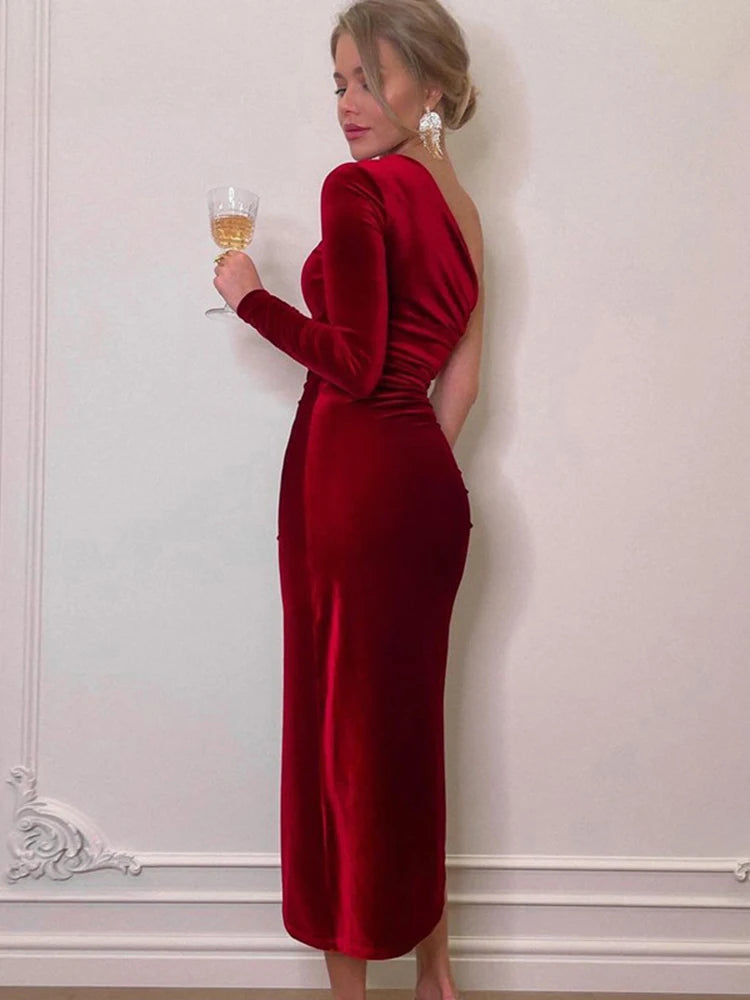 BXOXO Long Sleeve One Shoulder Ruched Velvet Midi Dress Side Slit Bodycon Sexy Party Elegant Clothes Brithday Evening Outfits