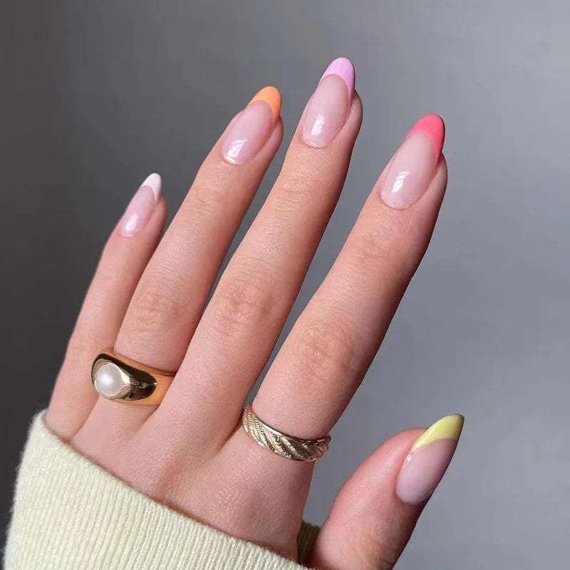 Bxoxo 24P French Oval False Nails Girls White Edge Design Nude Color Wearable Press on Nail Full Cover Short Acrylic Almond Fake Nails