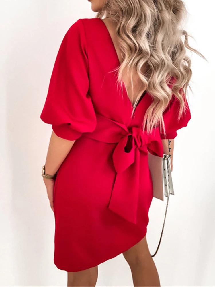 Bxoxo Women Solid O-Neck Princess Party Dress Spring Autumn Sexy Three Quarter Sleeve Ladies Bow Backless Streetwear