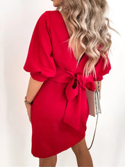 Bxoxo Women Solid O-Neck Princess Party Dress Spring Autumn Sexy Three Quarter Sleeve Ladies Bow Backless Streetwear
