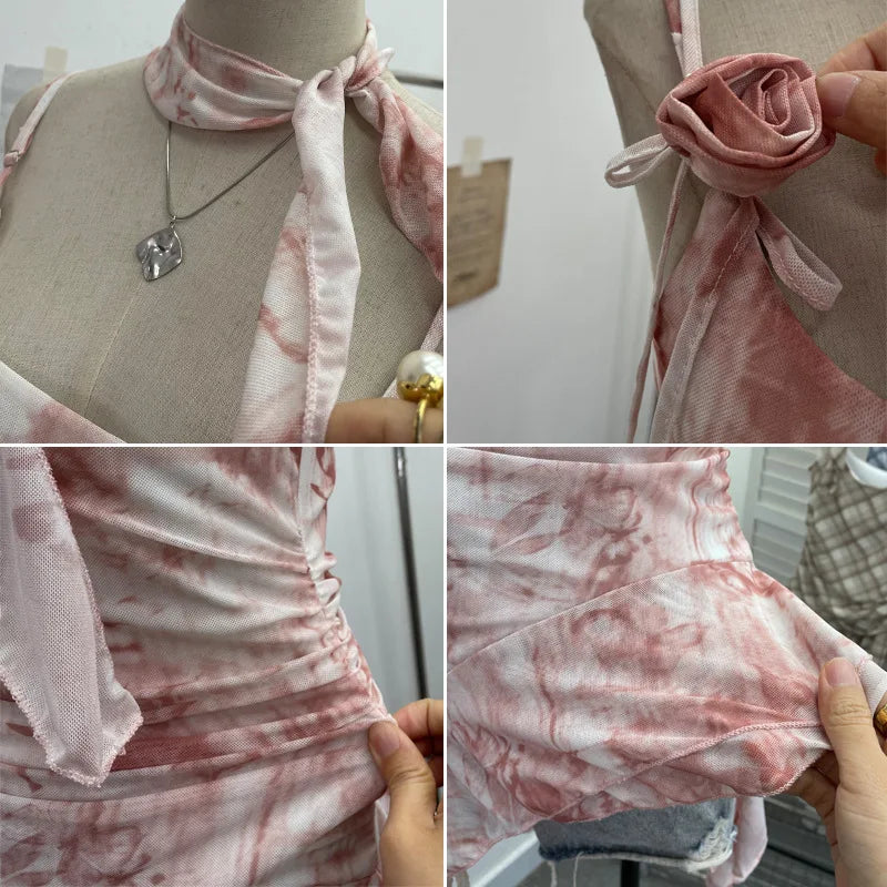 BXOXO Women's Vintage Tie-dye Printed Mesh Spaghetti Strap Camisole Hot Girl Irregular Ruffled Ribbon Sleeveless Top Partyclub 1185