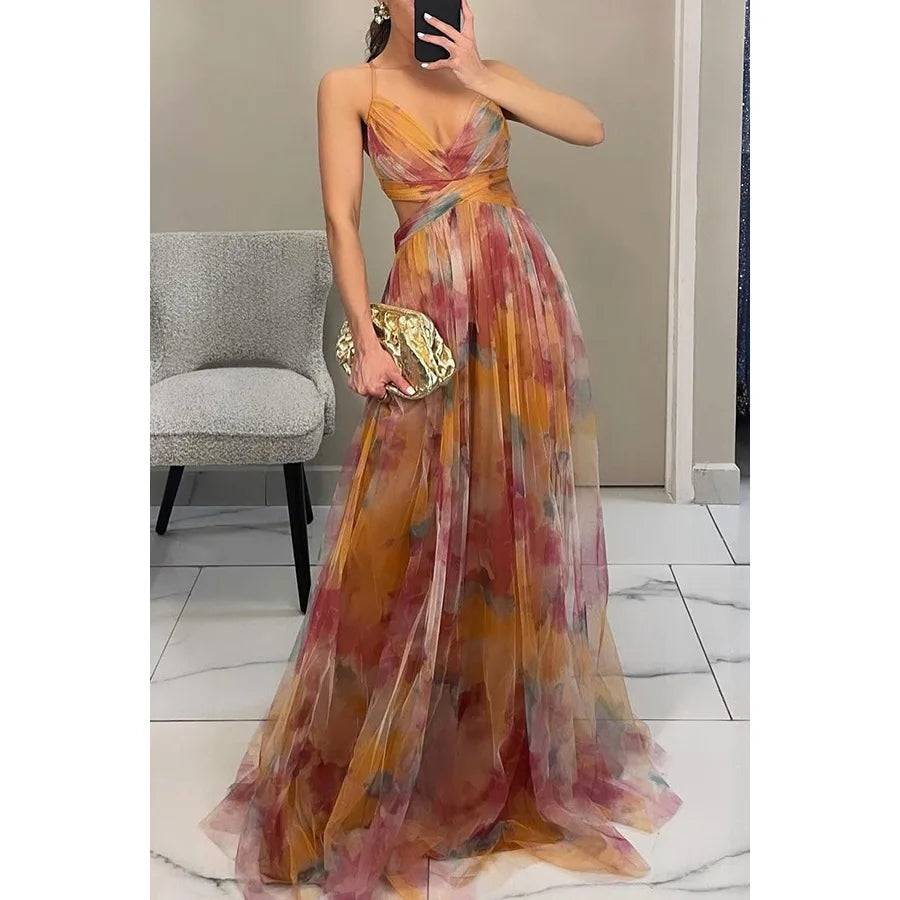 BXOXO  V-Neck Sexy Hollow Out Party Dress, Women Summer Loungewear Fashion Printing Maxi Dress, Sleeveless Lace-Up Ladies Dress Vestido
