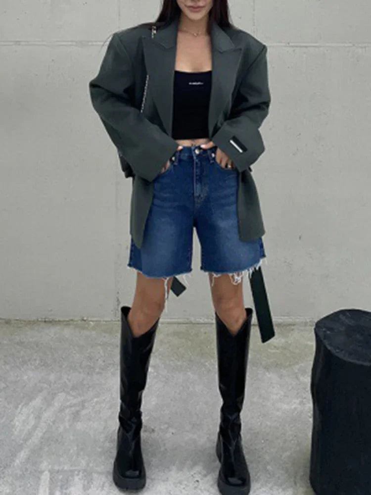 Bxoxo Summer Blue Ragged Edge Retro Versatile Denim Shorts Women's New Korean Fashion High Waist Straight Simple Women's Short Jeans