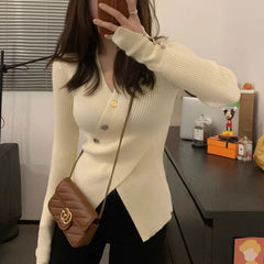 BXOXO Women Autumn Winter New Irregular V-neck Sweater Trendy Sweet Waist Slim Fit Pullover Knit Shirt Solid Button Long Sleeved Tops