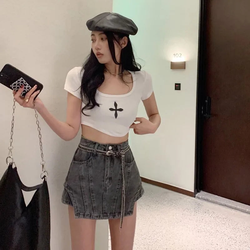 Bxoxo Summer New Irregular Denim Shorts Skirt Female Y2K Street Fashion High Waist Plus Size Slim Bag Hip Skirt Pants Exposed A Shorts