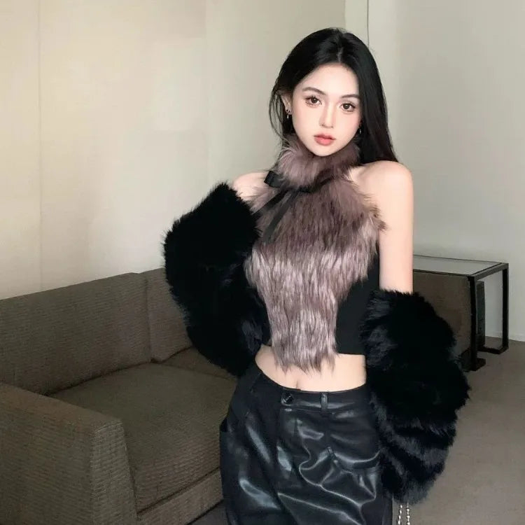 BXOXO 2025 Spring New Bow Halter Camisole Mujer Sexy Slim Fit Fluffy Vest for Women Y2k E-Girl Sleeveless Bottoming Tank Top