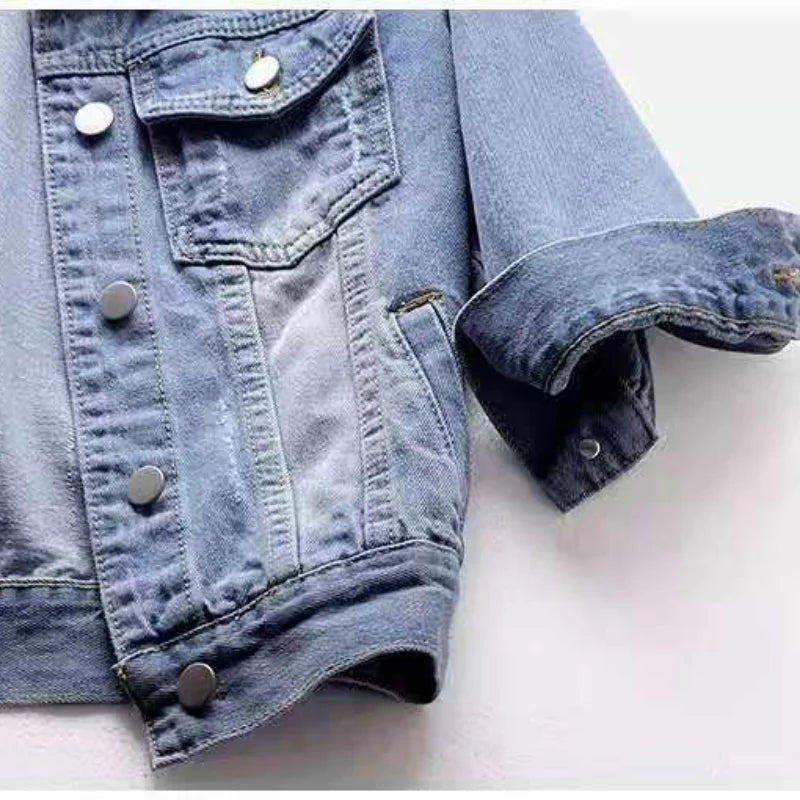 Bxoxo Spring Summer Half Sleeve Women Collared Distressed Coat Ladies Washed Cropped Denim Jacket Girl Ripped Jean Cardigan Shawl