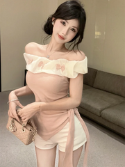 BXOXO Sexy Off Shoulder Slim T Shirt Women Elegant Fashion Slash Neck Sweet Tees Korean Lace Up Design Irregular Butterfly Tops