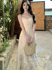 Bxoxo Summer French Print Embroidery Women's Dresses 2025 Prairie Chic Elegant V-Neck Pleated Lace-up Long Dress New Fashion Casual