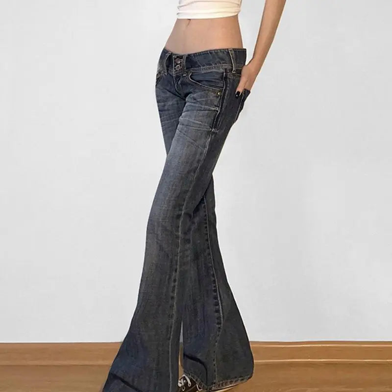 Bxoxo Vintage Washed Basic Flared Jeans Women Low Waist American Style Slim Denim Pants Button-up Trousers Casual Aesthetic
