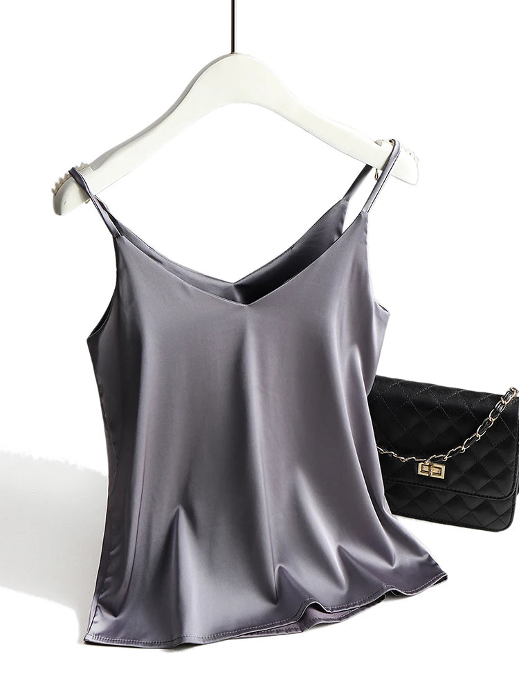 Bxoxo Spaghetti Strap Top Women Halter V Neck Basic White Cami Sleeveless Satin Silk Tank Tops Women'S Summer Camisole