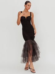 BXOXO Mesh Backless Sexy Maxi Dress For Women Gown Two Layer Spaghetti Strap Sleeveless Ruched Bodycon Club Party Dress