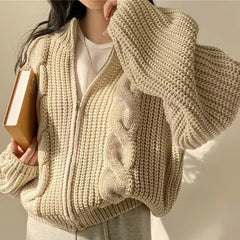 BXOXO Women Zipper Rib Loose Cardigan Coat Lantern Sleeve Knit Warm Sweater Coat Solid Casual Office Jacket Women Fall Winter