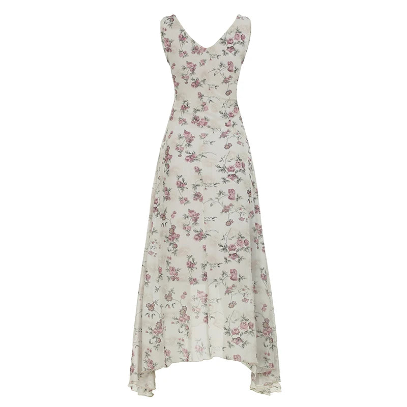 BXOXO French Chic Elegant Flower Print Women Dress Lace Trim Ruched Slim Long Dress Summer New Clothes