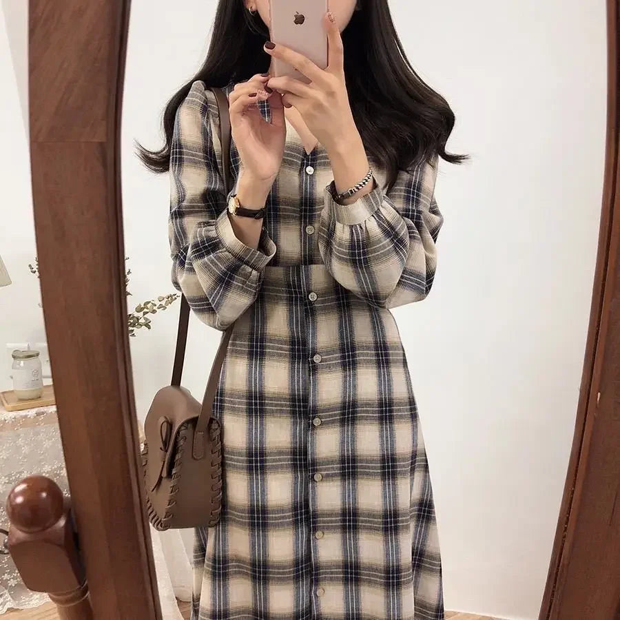 Bxoxo Vintage Plaid Dresses for Women Autumn Winter Full Spring 2025 Elegant Luxury Korean Fashion A Line G X Woman Long Sleeve Dress