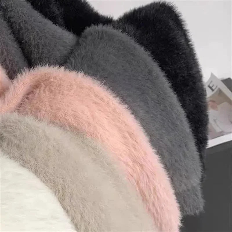 Bxoxo New Imitation Mink Coat Slimming Autumn And Winter Loose Fitting Long Sweater Thickened Lazy Knitted Cardigan Jacket White