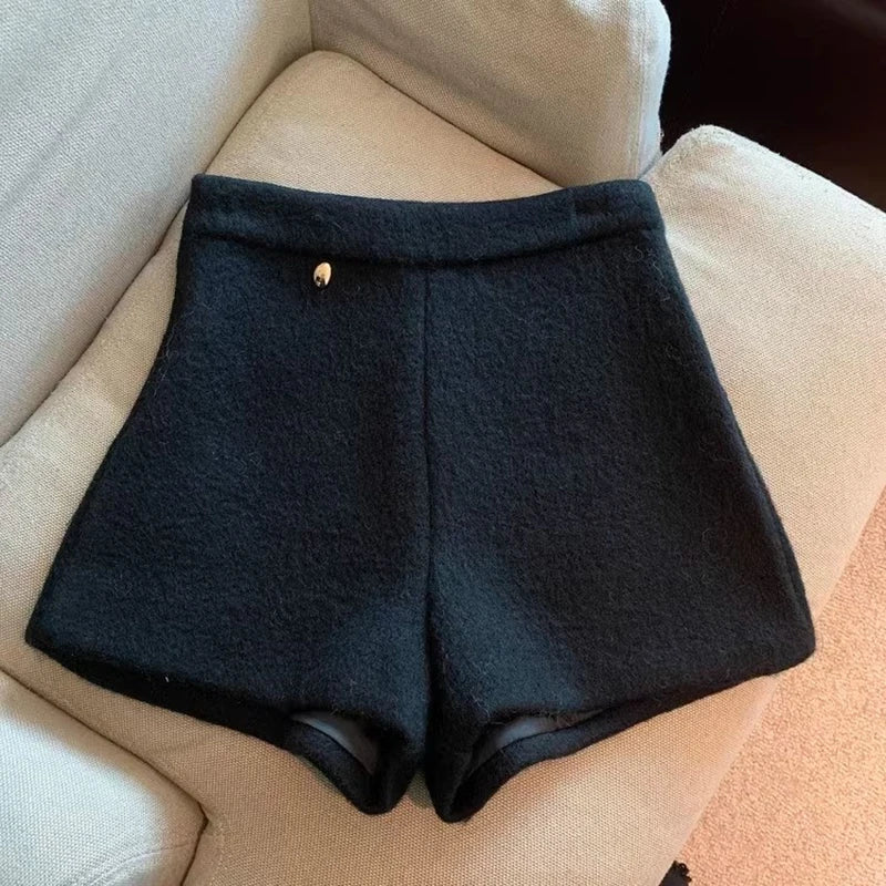 Bxoxo Autumn Faux Wool Shorts Women Y2K High Waist Office Lady Casual Mini Shorts Female Fashion All Match Blend Wide Leg Pants New