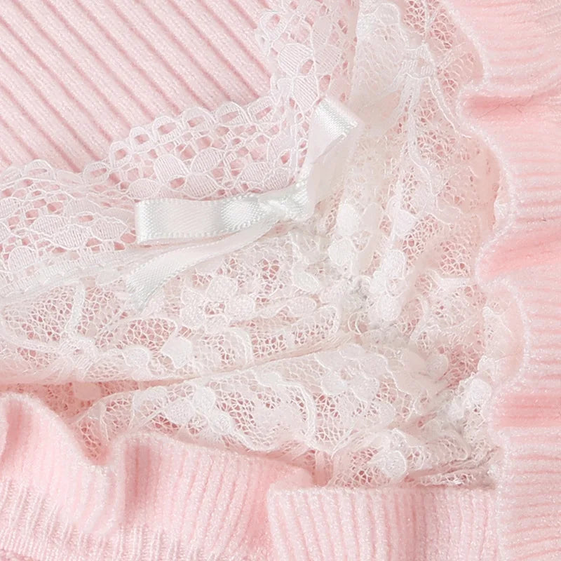 Bxoxo Fairycore Clothing Top y2k Women Ruffle Lace Patchwork Long Sleeve Knitted T Shirt 2000s Coquette Clothes Streetwear