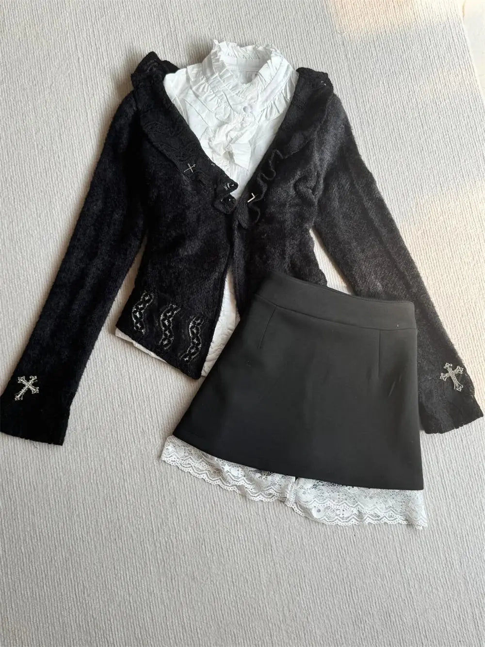 BXOXO Goth Women Two Pieces Set Hot girl Punk Y2k Cross Lace Slim Cardigan 2000s Harajuku Short Skirt Hollowed Out Butterfly Sleeve