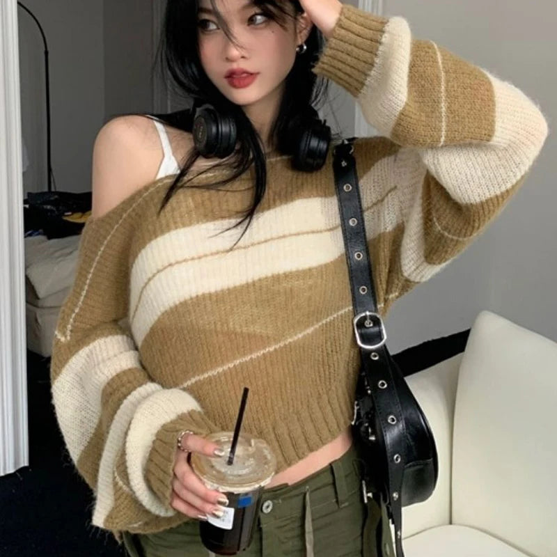 Bxoxo Women's Trendy Contrast Color Striped Chic Sexy Crop Tops Y2K Streetwear Female O Neck Long Sleeve Slim Pullover Knitted Sweater