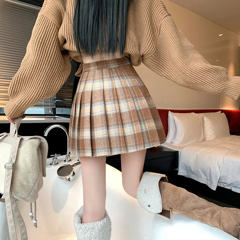 BXOXO Preppy Style Winter Plaid Vintage Pleated Mini Wool Skirt For Women High Waist Thicken Casual School Cute Short Skirt Female